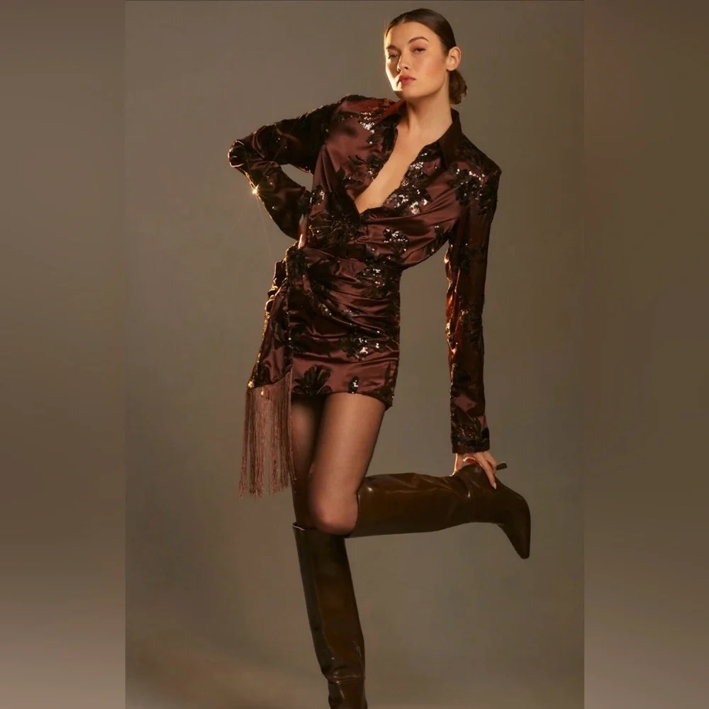 NWOT Sabina Musayev Sequin Embellished Dress in Rich Brown - Picture 6 of 6